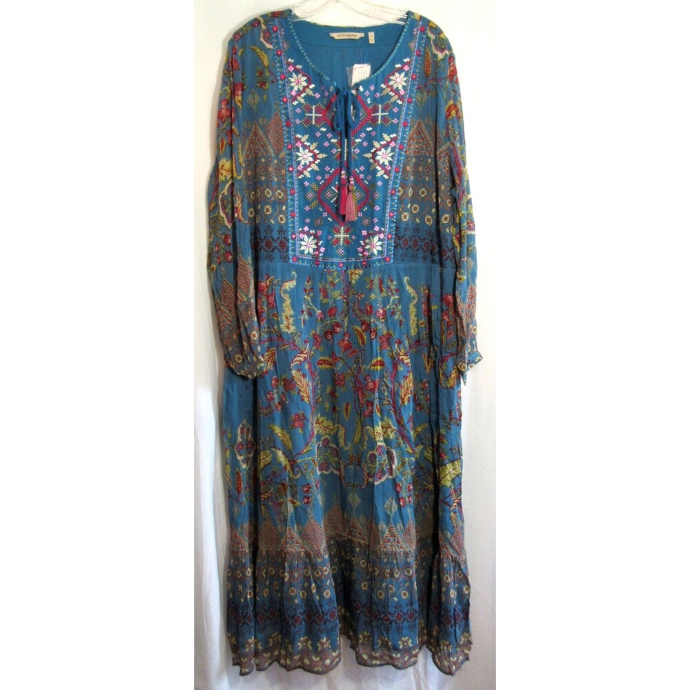 Soft Surroundings Blue Floral Sequined V Neck Long Sleeve Maxi Dress Size 2X NWT